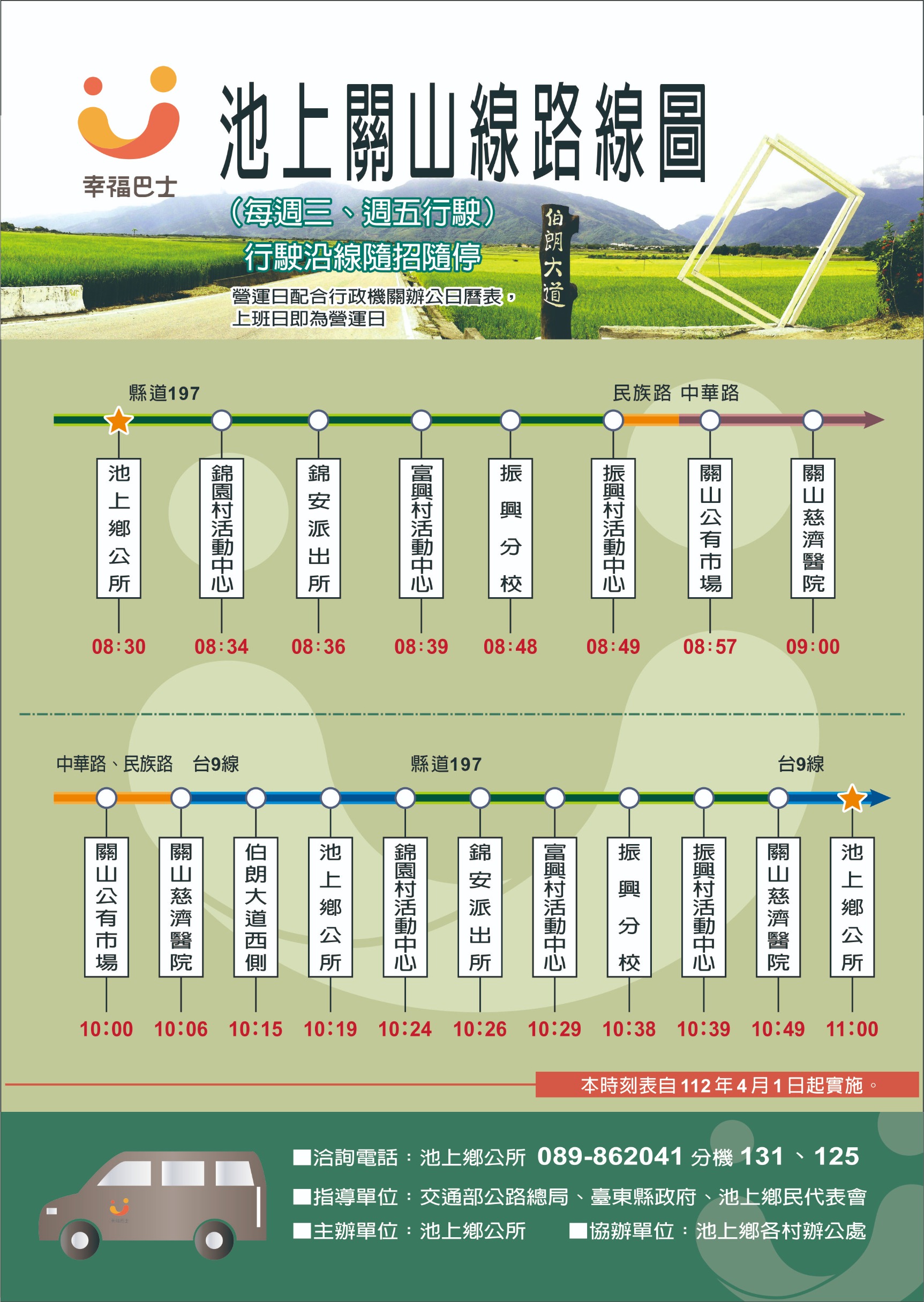 幸福巴士路線圖、預約說明如網頁(池上關山線-到站順序：8:30池上鄉公所-8:34錦園村活動中心-8:36錦安派出所-8:39富興村活動中心-8:48振興分校-8:49振興村活動中心-8:57關山公有市場-9:00關山慈濟醫院。10:00關山公有市場-10:06關山慈濟醫院-10:15伯朗大道西側-10:19池上鄉公所-10:24錦園村活動中心-10:26錦安派出所-10:29富興村活動中心-10:38振興分校-10:39振興村活動中心-10:49關山慈濟醫院-11:00池上鄉公所。)