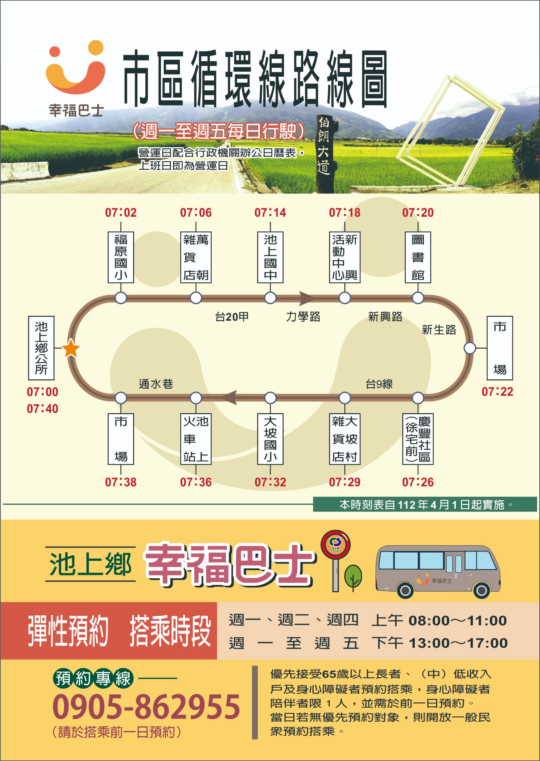 幸福巴士路線圖、預約說明如網頁(市區循環線-到站順序：7:00池上鄉公所-7:02福原國小-7:06萬朝雜貨店-7:14池上國中-7:18新興活動中心-7:20圖書館-7:22公有零售市場-7:26慶豐社區徐宅前-7:29大坡村雜貨店-7:23大坡國小-7:36池上火車站-7:38公有零售市場-7:40池上鄉公所。)