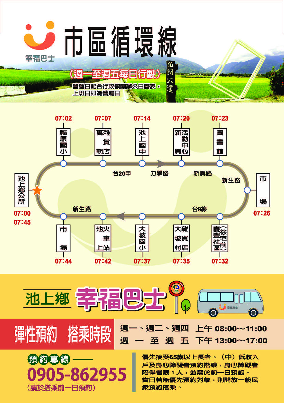 幸福巴士路線圖、預約說明如網頁(市區循環線-到站順序：7:00池上鄉公所-7:02福原國小-7:07萬朝雜貨店-7:14池上國中-7:20新興活動中心-7:23圖書館-7:26公有零售市場-7:32慶豐社區徐宅前-7:35大坡村雜貨店-7:37大坡國小-7:42池上火車站-7:44公有零售市場-7:45池上鄉公所。)