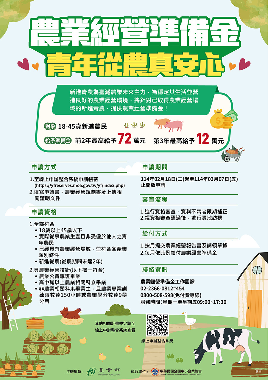 青年農民農業經營準備金方案，內容如上方說明及附件。