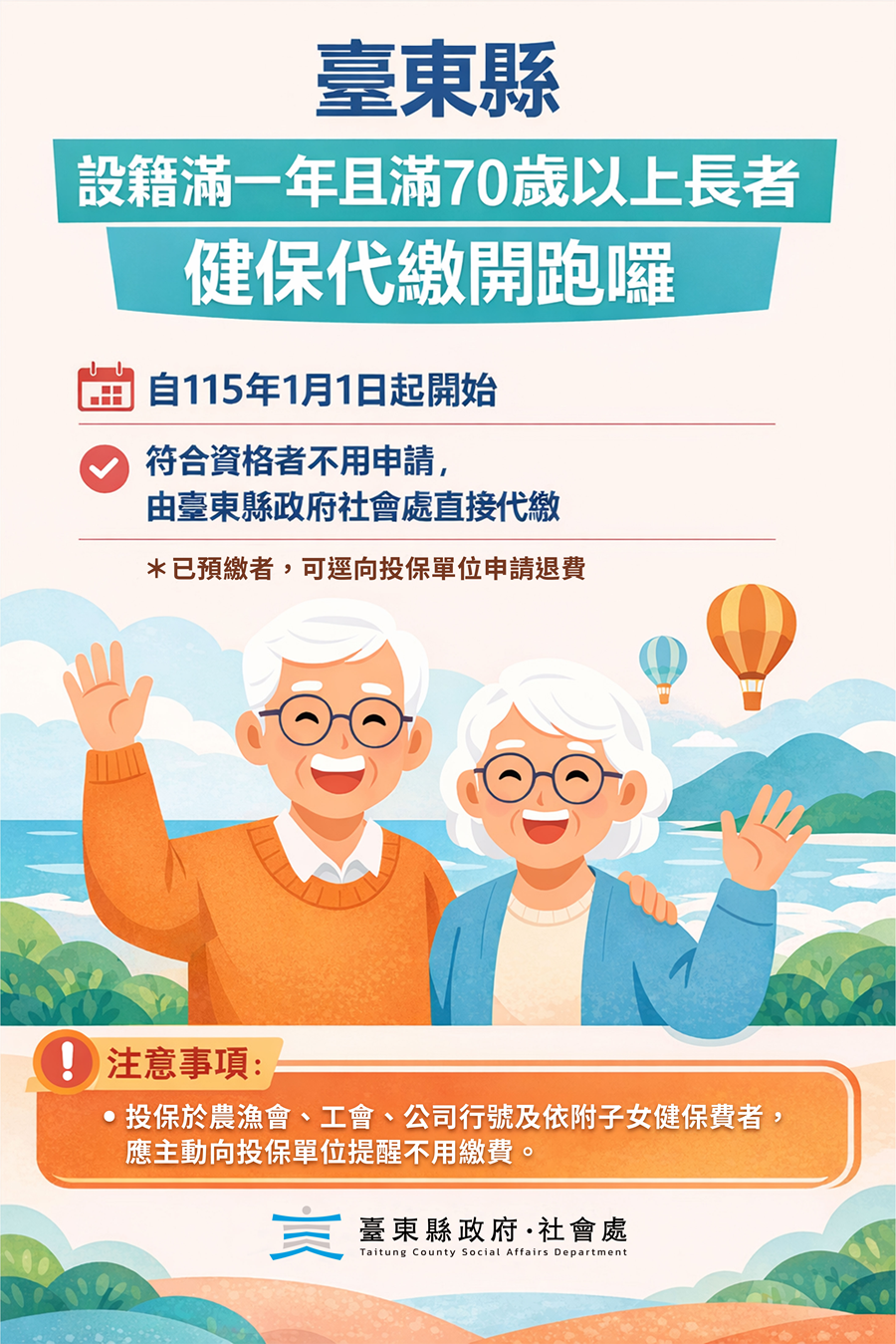 臺東縣70歲以上老人全民健康保險自付保險費實施計畫，詳如圖片上方文字內容。