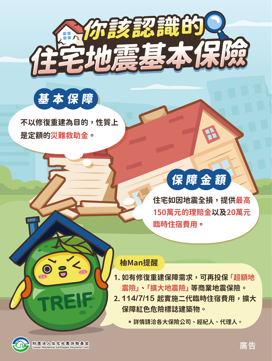 傳單(政策性住宅地震保險制度) 政策性住宅地震保險制度,詳如圖片上方文字內容。