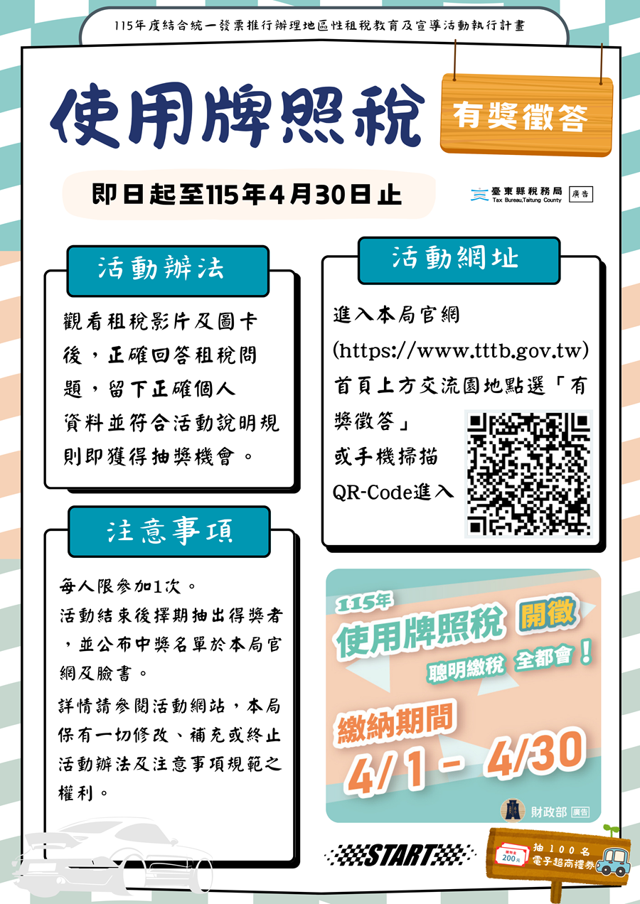 115年漫遊線上有獎徵答-使用牌照稅篇，詳如圖片上方文字內容。