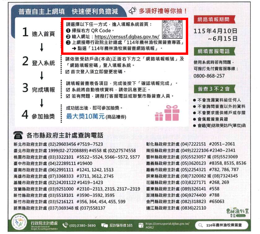 114年農林漁牧業普查~網填抽好禮，詳如圖片上方文字內容。