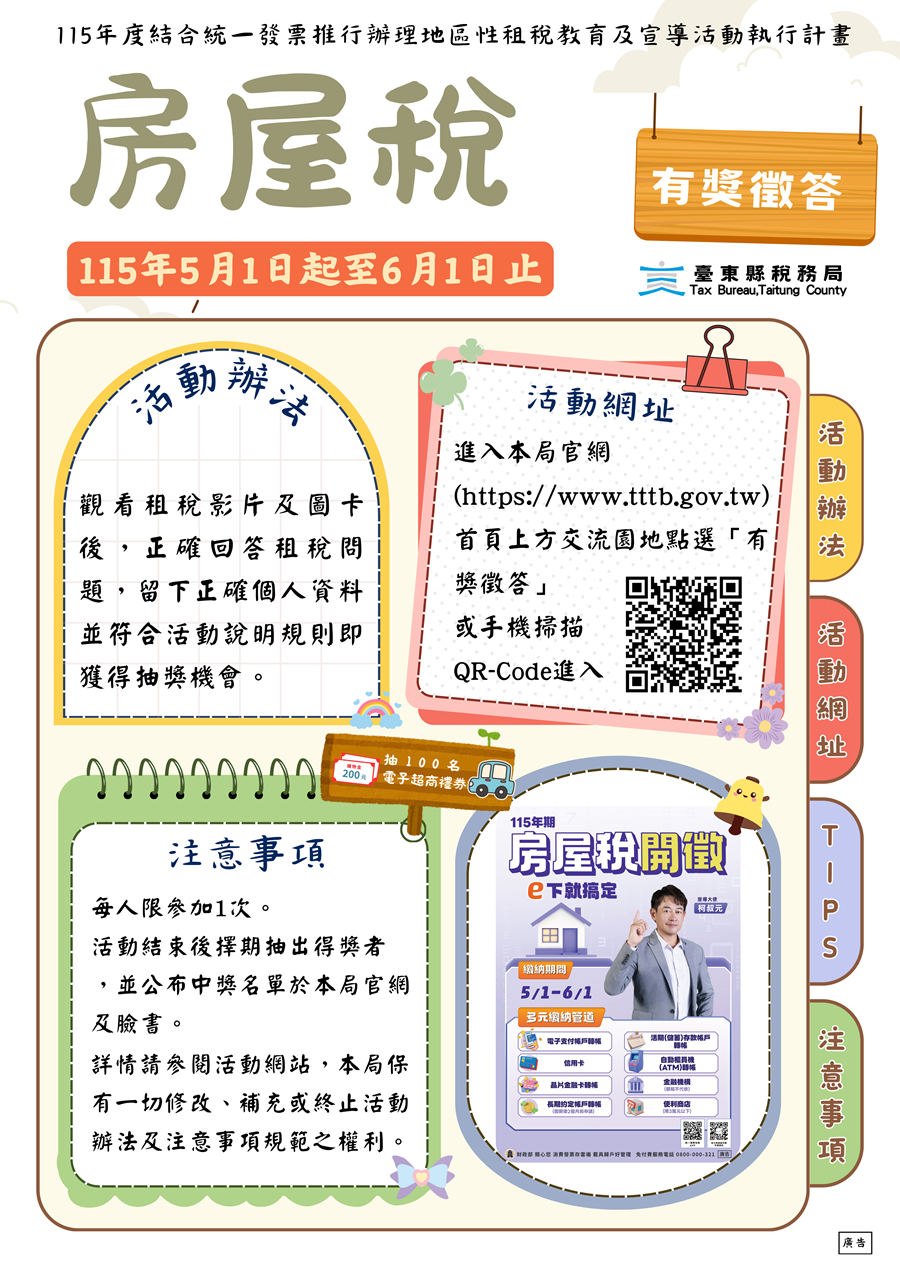 臺東縣稅務局舉辦漫遊線上有獎徵答-房屋稅篇活動，詳細資訊如上方文字說明