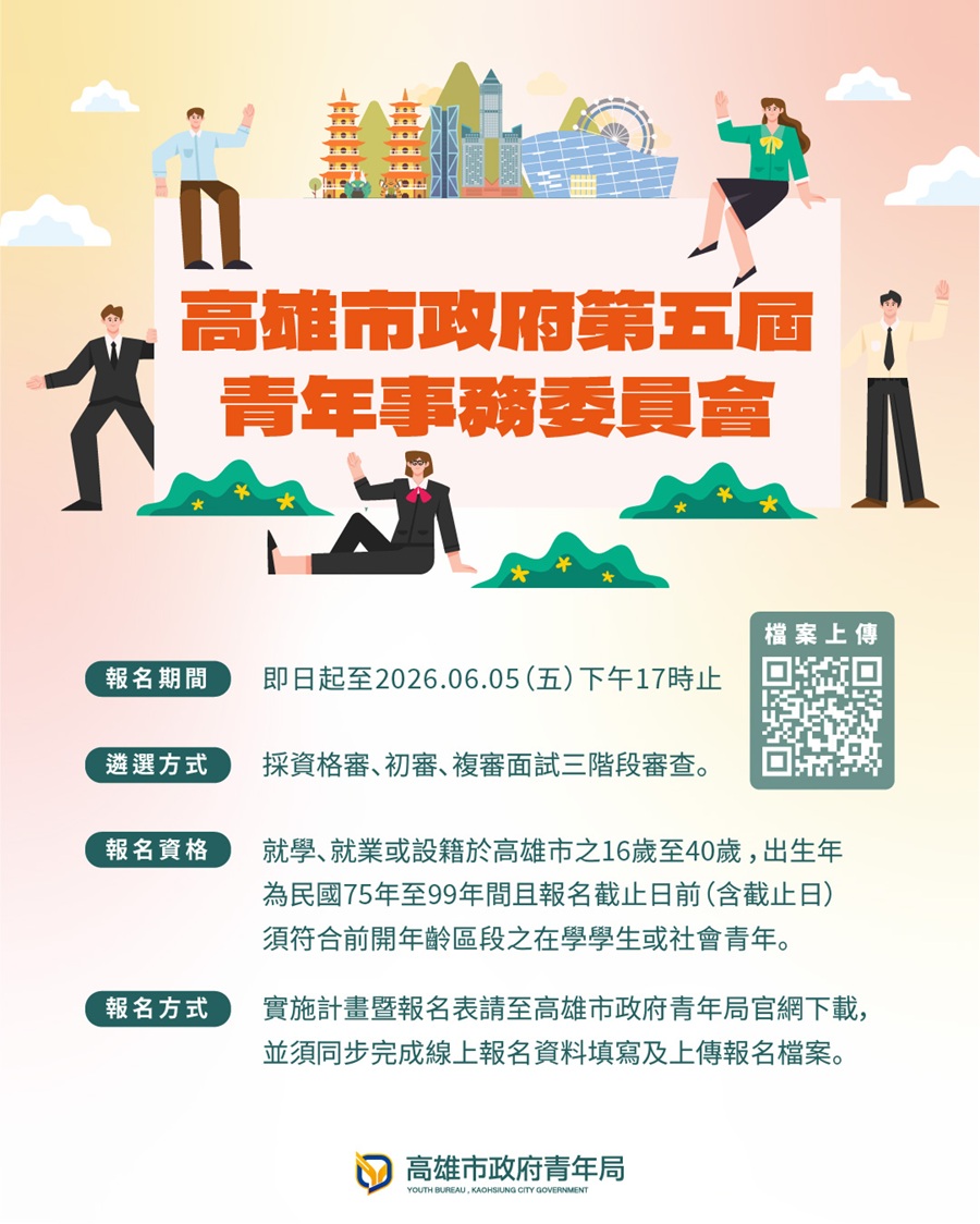 「高雄市政府第五屆青年事務委員會」青年委員遴選，詳如圖片上方文字內容。