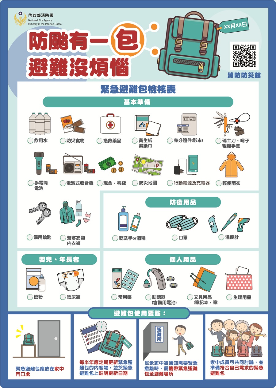 平時備妥「緊急避難包」，以備不時之需！，詳如圖片上方文字內容。