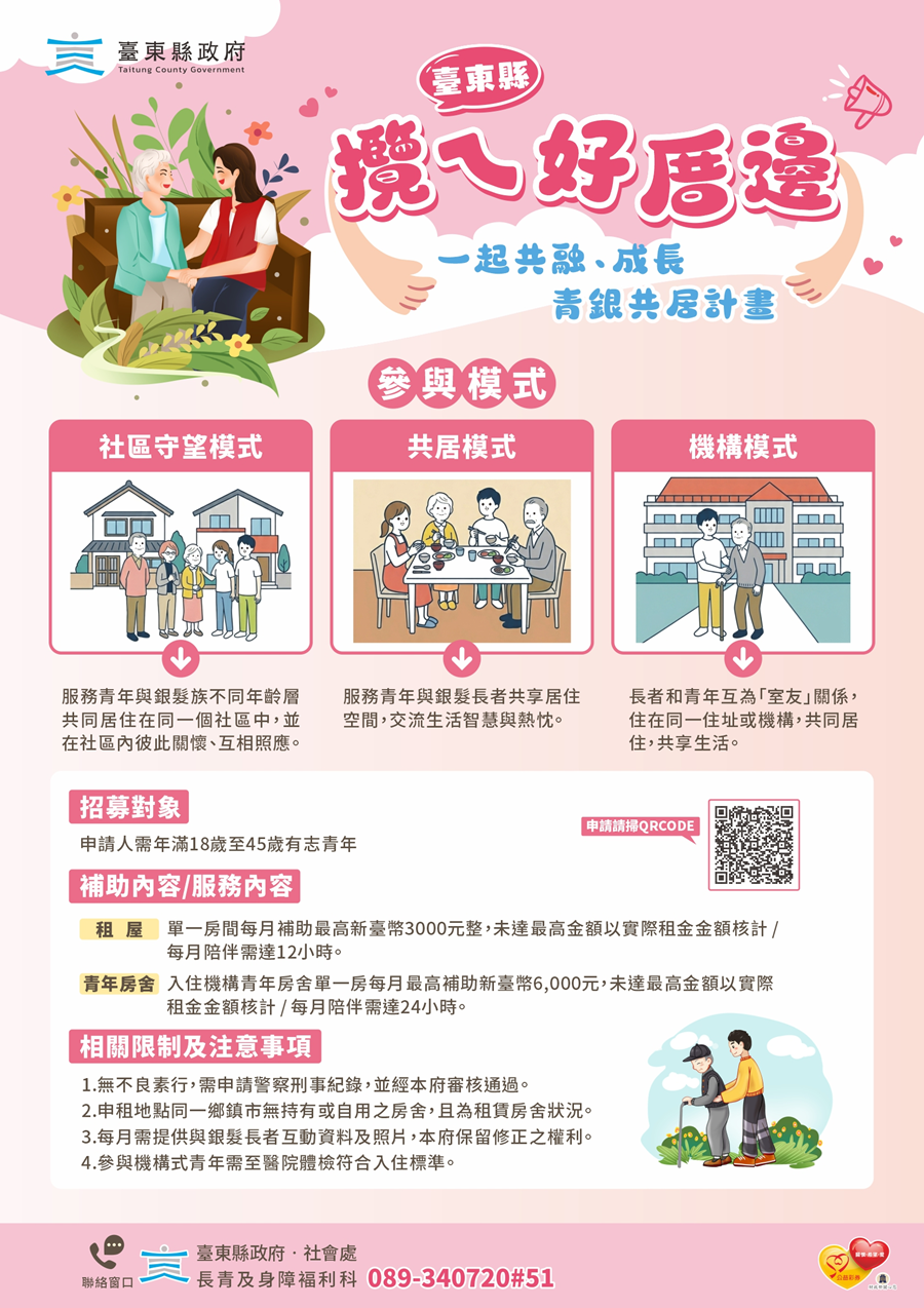 傳單(2陪你、伴我,青銀共居不孤單計畫) 攬ㄟ好厝邊~一起共融、成長青銀共居計畫,內容如上方說明及附件。