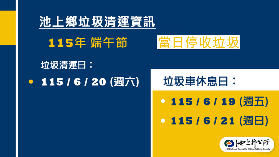 池上鄉115年端午節連假垃圾清運資訊，內容如上方文字說明