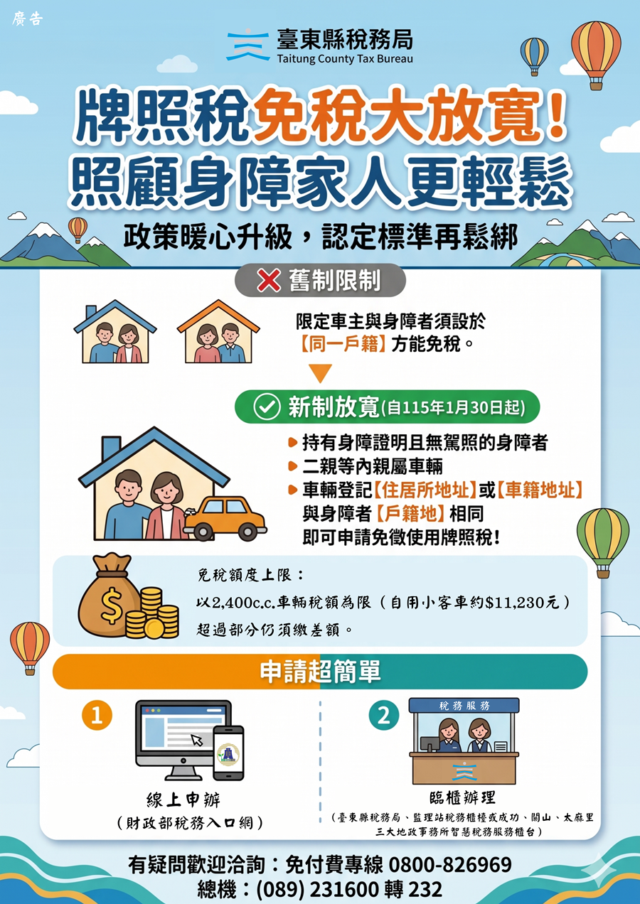傳單(牌照稅免稅大放寬!照顧身障家人更輕鬆) 牌照稅免稅大放寬!照顧身障家人更輕鬆,詳如圖片上方文字內容。